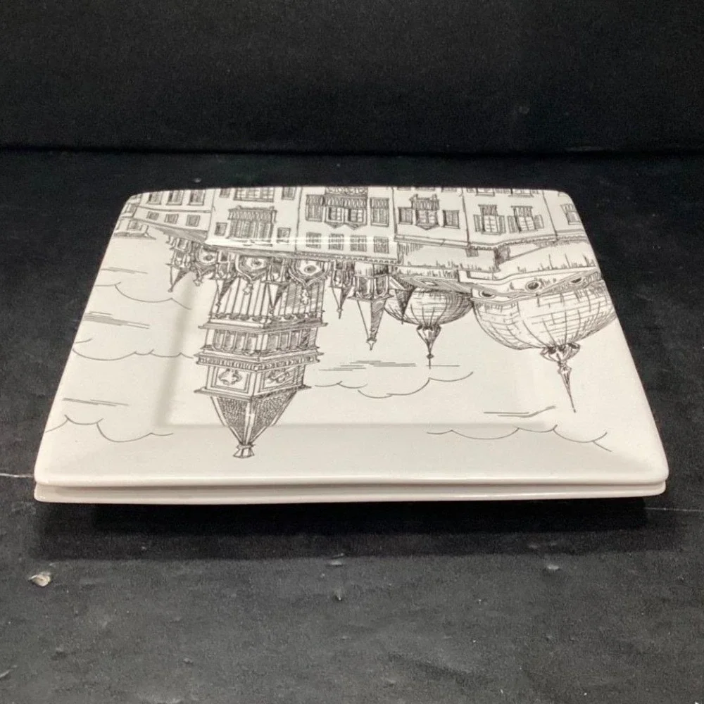 222 Fifth City Scenes Salad Plates, Set of 2, Vintage Square Dishes, Tableware